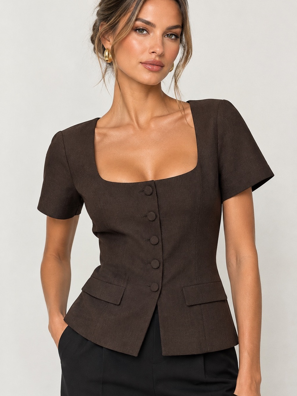 Zara Dark Brown Square Neck Button-Front Short Sleeve Blazer Top
